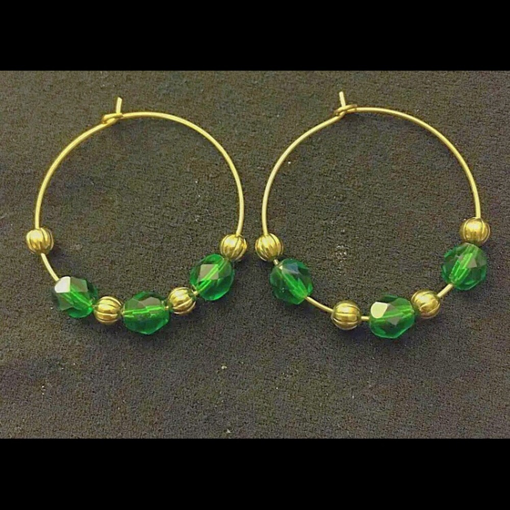handmade green & gold beaded hoops